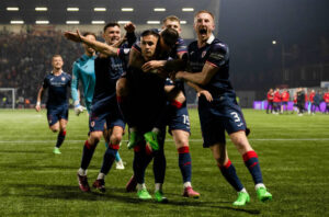 Forge FC players celebrating a goal during a Canadian Premier League.