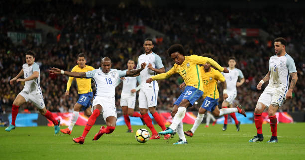 England vs Brazil international football match with players before kickoff